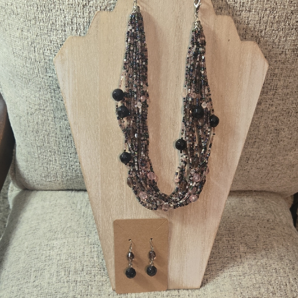 Estate Black Purple and Pink Multi-Strand Necklace Set 16" To 20"